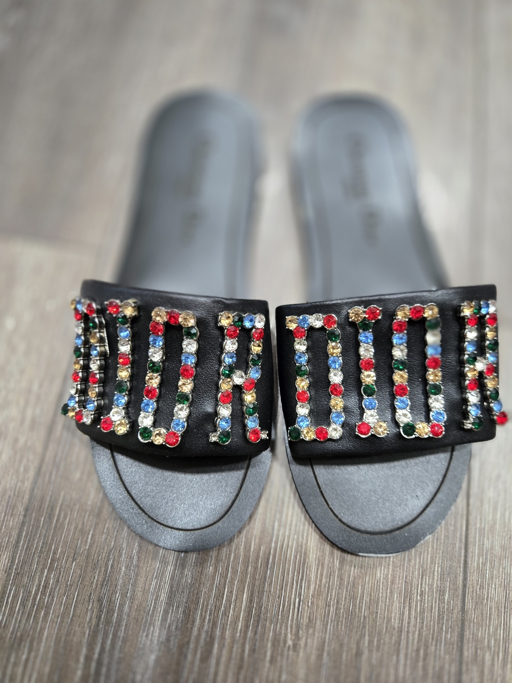 Dior Black Slide Sandals with Multicolor Gem Detailing